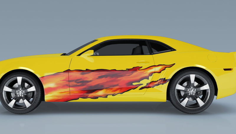 fire flames orange vinyl graphics on the side of yellow camaro